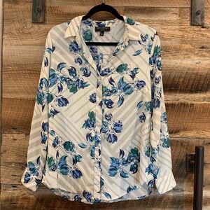 EUC - Banana Republic Factory - Long Sleeve Blouse - White w/Blue Floral - M